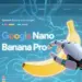 Ilustrasi futuristik antarmuka Google Nano Banana Pro yang menampilkan tangan robotik sedang mendesain visual pisang dan grafik data berbasis AI Gemini 3.
