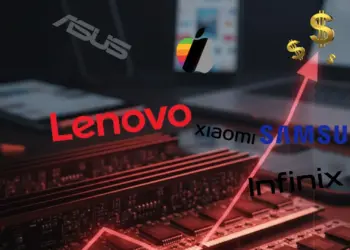 Ilustrasi grafik harga HP & laptop naik 2026 akibat lonjakan biaya komponen memori RAM, menampilkan logo brand terdampak seperti Samsung, Apple, Lenovo, Asus, Xiaomi, dan Infinix.