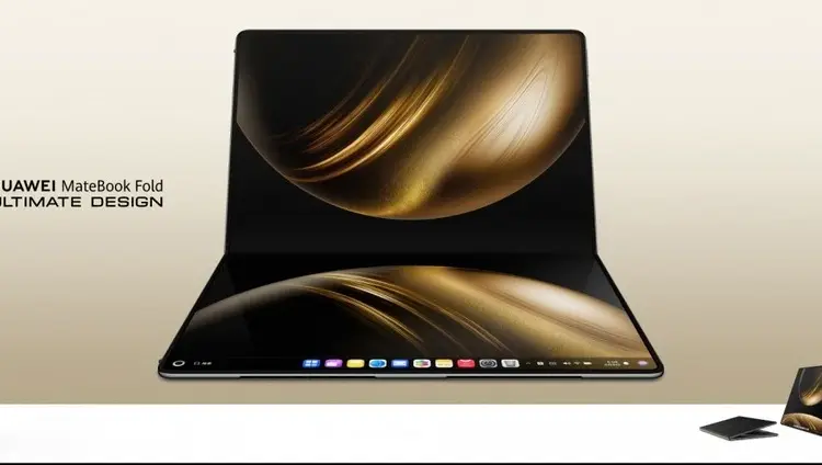 Poster promosi Huawei MateBook Fold Extraordinary Master Edition dengan branding Ultimate Design yang menampilkan layar lipat penuh yang mewah.