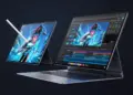 Tampilan Huawei MatePad Edge dalam mode laptop dengan keyboard dan stylus, menjalankan aplikasi editing video berat berkat chipset Kirin X90 setara Apple M5.
