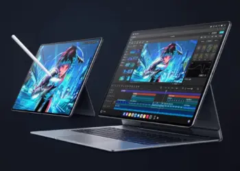 Tampilan Huawei MatePad Edge dalam mode laptop dengan keyboard dan stylus, menjalankan aplikasi editing video berat berkat chipset Kirin X90 setara Apple M5.