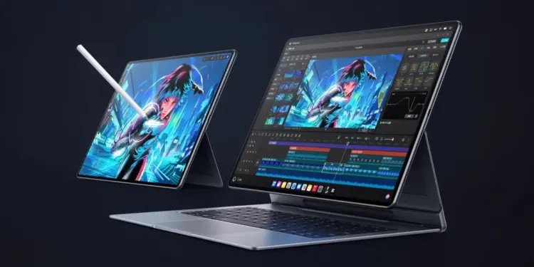Tampilan Huawei MatePad Edge dalam mode laptop dengan keyboard dan stylus, menjalankan aplikasi editing video berat berkat chipset Kirin X90 setara Apple M5.