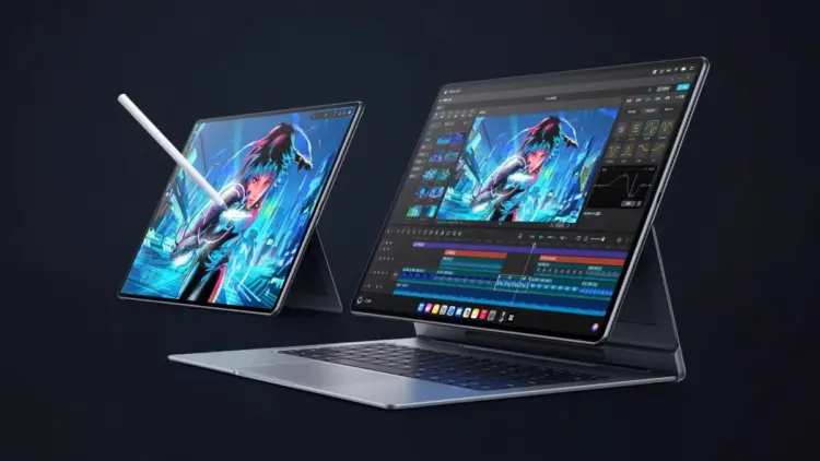 Tampilan Huawei MatePad Edge dalam mode laptop dengan keyboard dan stylus, menjalankan aplikasi editing video berat berkat chipset Kirin X90 setara Apple M5.