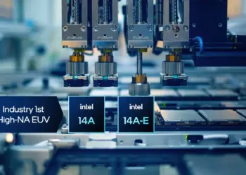Ilustrasi mesin manufaktur chip Intel 14A dan 14A-E yang menggunakan teknologi High-NA EUV pertama di industri.