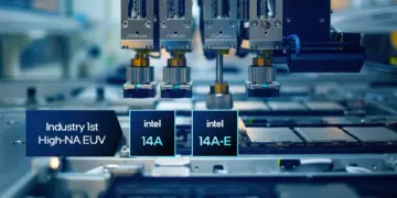 Ilustrasi mesin manufaktur chip Intel 14A dan 14A-E yang menggunakan teknologi High-NA EUV pertama di industri.