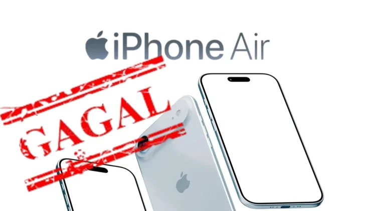 Ilustrasi iPhone Air Gagal, menunjukkan logo iPhone Air dan stempel "GAGAL" di atas render HP, terkait berita produksi distop dan iPhone Air 2 ditunda.