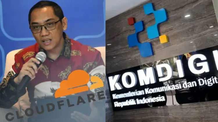 Kolase foto pejabat Kementerian Komunikasi dan Digital serta logo Komdigi terkait isu Komdigi blokir Cloudflare yang diduga memfasilitasi infrastruktur bagi 76% situs judi online.