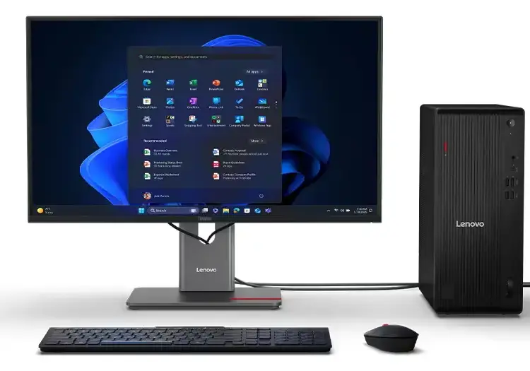 Setup lengkap desktop tower Lenovo ThinkCentre M Series Gen 6 (M90t) yang ditenagai Intel vPro Enterprise untuk menangani beban kerja AI dan desain 3D.