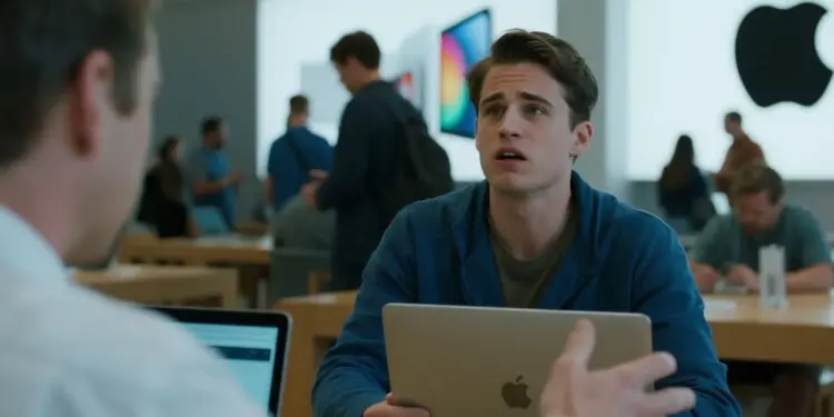 Ilustrasi ekspresi kecewa pengguna MacBook Pro M5 saat berdebat dengan staf Apple Store terkait masalah engsel yang berbunyi namun dianggap normal.