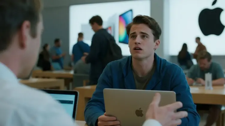 Ilustrasi ekspresi kecewa pengguna MacBook Pro M5 saat berdebat dengan staf Apple Store terkait masalah engsel yang berbunyi namun dianggap normal.