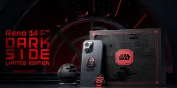 Paket lengkap Oppo Reno14 F Star Wars "Dark Side" Limited Edition, menampilkan HP dengan desain Darth Vader, phone stand mini Death Star, dan collector box.