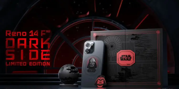 Paket lengkap Oppo Reno14 F Star Wars "Dark Side" Limited Edition, menampilkan HP dengan desain Darth Vader, phone stand mini Death Star, dan collector box.