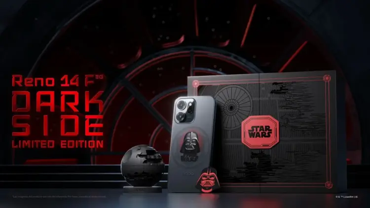 Paket lengkap Oppo Reno14 F Star Wars "Dark Side" Limited Edition, menampilkan HP dengan desain Darth Vader, phone stand mini Death Star, dan collector box.