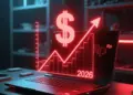 Ilustrasi laptop gaming dengan grafik holografik merah yang menanjak tajam, menggambarkan prediksi kenaikan harga laptop di tahun 2026 akibat kelangkaan komponen.