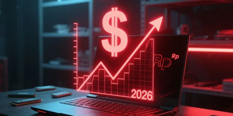 Ilustrasi laptop gaming dengan grafik holografik merah yang menanjak tajam, menggambarkan prediksi kenaikan harga laptop di tahun 2026 akibat kelangkaan komponen.