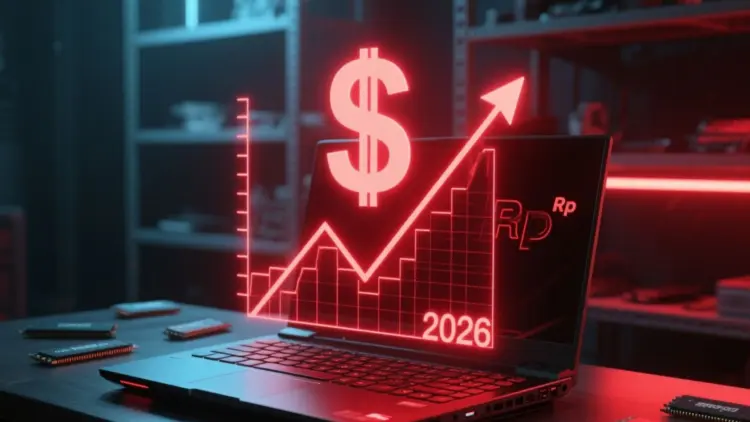 Ilustrasi laptop gaming dengan grafik holografik merah yang menanjak tajam, menggambarkan prediksi kenaikan harga laptop di tahun 2026 akibat kelangkaan komponen.