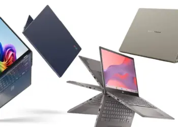 Kolase ilustrasi 5 laptop mahasiswa terbaik 2025 yang murah dan awet untuk kuliah, menampilkan berbagai model modern dari Asus, Acer, hingga Chromebook.