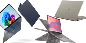Kolase ilustrasi 5 laptop mahasiswa terbaik 2025 yang murah dan awet untuk kuliah, menampilkan berbagai model modern dari Asus, Acer, hingga Chromebook.