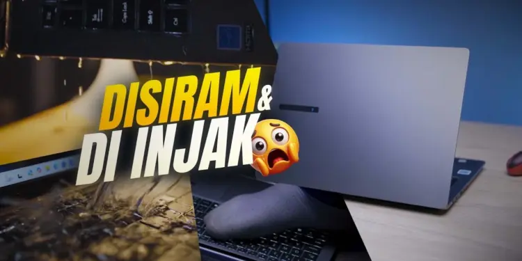 Review ASUS ExpertBook PM3 yang sedang menjalani uji ketahanan ekstrem dengan disiram air dan diinjak kaki untuk membuktikan kualitas laptop badak yang tetap menyala.