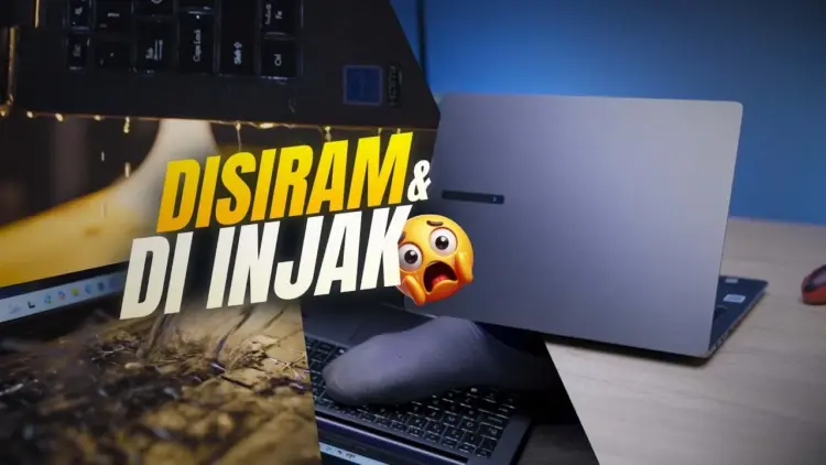 Review ASUS ExpertBook PM3 yang sedang menjalani uji ketahanan ekstrem dengan disiram air dan diinjak kaki untuk membuktikan kualitas laptop badak yang tetap menyala.