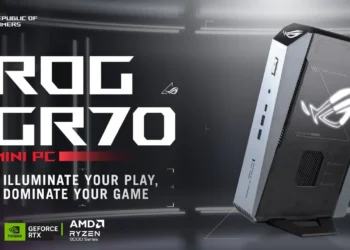 Gambar promosi ROG GR70 yang resmi rilis, PC gaming mini brutal yang ditenagai AMD Ryzen 9 9955HX3D dan NVIDIA GeForce RTX 5070.