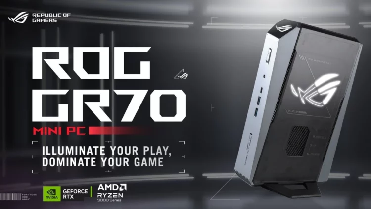 Gambar promosi ROG GR70 yang resmi rilis, PC gaming mini brutal yang ditenagai AMD Ryzen 9 9955HX3D dan NVIDIA GeForce RTX 5070.