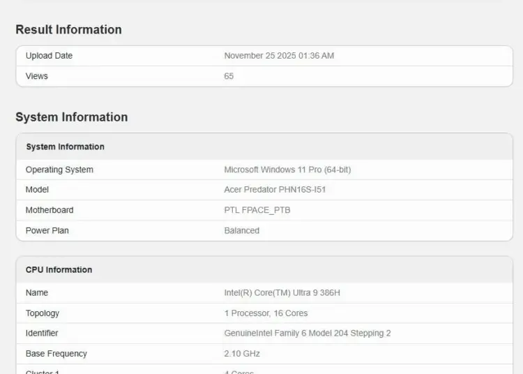 Screenshot hasil validasi Geekbench 6 untuk prosesor Intel Core Ultra 9 386H yang mencetak skor single-core 2845 dan multi-core 15407 pada laptop Acer Predator.