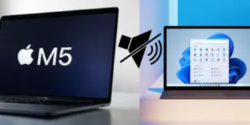 Ilustrasi masalah laptop tidak ada suara yang terjadi pada perangkat MacBook M5 dan Windows 11, ditandai dengan ikon speaker mute di tengah.