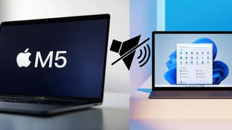 Ilustrasi masalah laptop tidak ada suara yang terjadi pada perangkat MacBook M5 dan Windows 11, ditandai dengan ikon speaker mute di tengah.