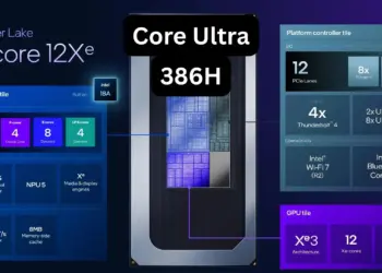 Bocoran diagram detail arsitektur prosesor Intel Core Ultra 9 386H Panther Lake yang menampilkan konfigurasi 16 core compute tile dan GPU Xe3.