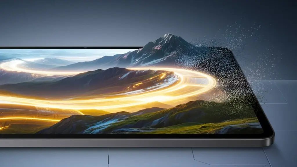 Tampilan layar tablet Poco Pad X1 dengan resolusi 3.2K dan refresh rate 144Hz yang menampilkan visual grafis pegunungan yang detail, tajam, dan kaya warna.