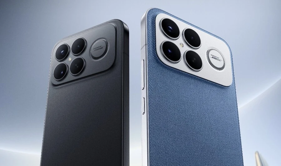 Tampilan desain belakang Poco F8 Ultra warna hitam dan biru denim yang menampilkan modul kamera dan fitur rear-mounted woofer Sound by Bose.