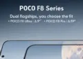 Poster teaser resmi Poco F8 Series yang menampilkan perbandingan ukuran layar varian Ultra 6,9 inci dan Pro 6,59 inci dengan desain bezel tipis.