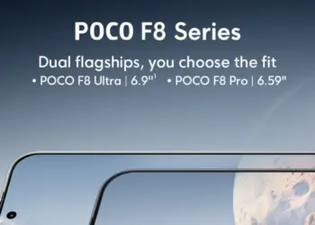 Poster teaser resmi Poco F8 Series yang menampilkan perbandingan ukuran layar varian Ultra 6,9 inci dan Pro 6,59 inci dengan desain bezel tipis.