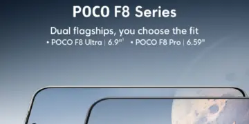 Poster teaser resmi Poco F8 Series yang menampilkan perbandingan ukuran layar varian Ultra 6,9 inci dan Pro 6,59 inci dengan desain bezel tipis.