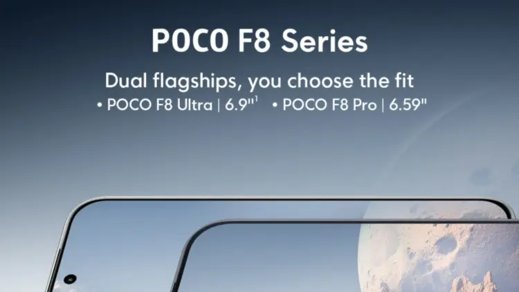 Poster teaser resmi Poco F8 Series yang menampilkan perbandingan ukuran layar varian Ultra 6,9 inci dan Pro 6,59 inci dengan desain bezel tipis.