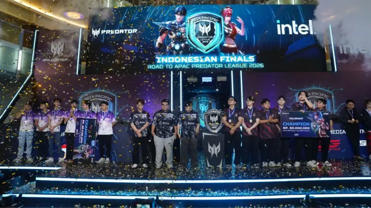 Suasana panggung para juara tim esports Indonesia di babak Indonesian Finals yang berhasil lolos ke Grand Final APAC Predator League 2026 di India.