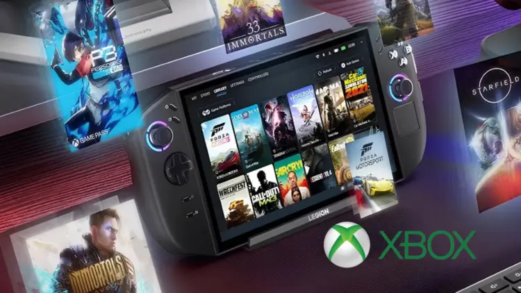 Tampilan antarmuka Xbox Full Screen Experience pada Lenovo Legion Go 2 yang menampilkan library game populer seperti Forza dan Starfield layaknya konsol.