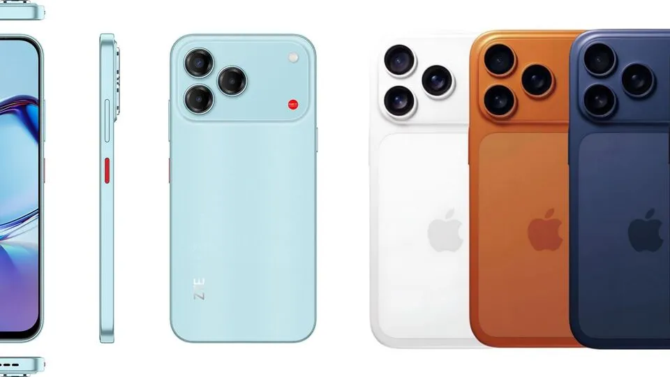 Perbandingan visual ZTE Blade V80 Vita (kiri) yang desain kameranya meniru iPhone 17 Pro (kanan), terutama pada modul tiga kamera.