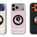 Tiga unit casing ponsel berwarna-warni dengan cutout kamera besar dan layar kecil/foto di bagian belakang, mereplikasi konsep iPhone 17 Pro dengan layar tambahan di belakang.