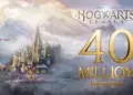 Grafik pengumuman resmi dengan latar belakang kastil Hogwarts bersalju dan teks emas besar bertuliskan 40 Million Units Sold untuk Hogwarts Legacy.
