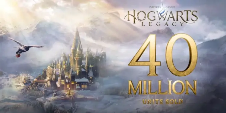 Grafik pengumuman resmi dengan latar belakang kastil Hogwarts bersalju dan teks emas besar bertuliskan 40 Million Units Sold untuk Hogwarts Legacy.