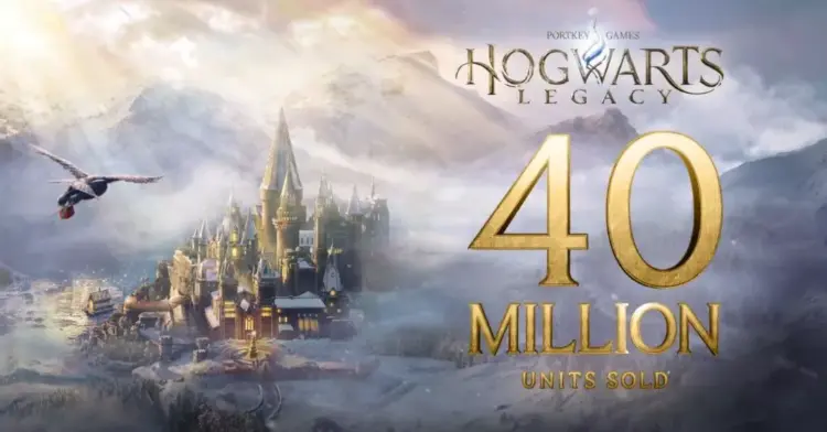 Grafik pengumuman resmi dengan latar belakang kastil Hogwarts bersalju dan teks emas besar bertuliskan 40 Million Units Sold untuk Hogwarts Legacy.