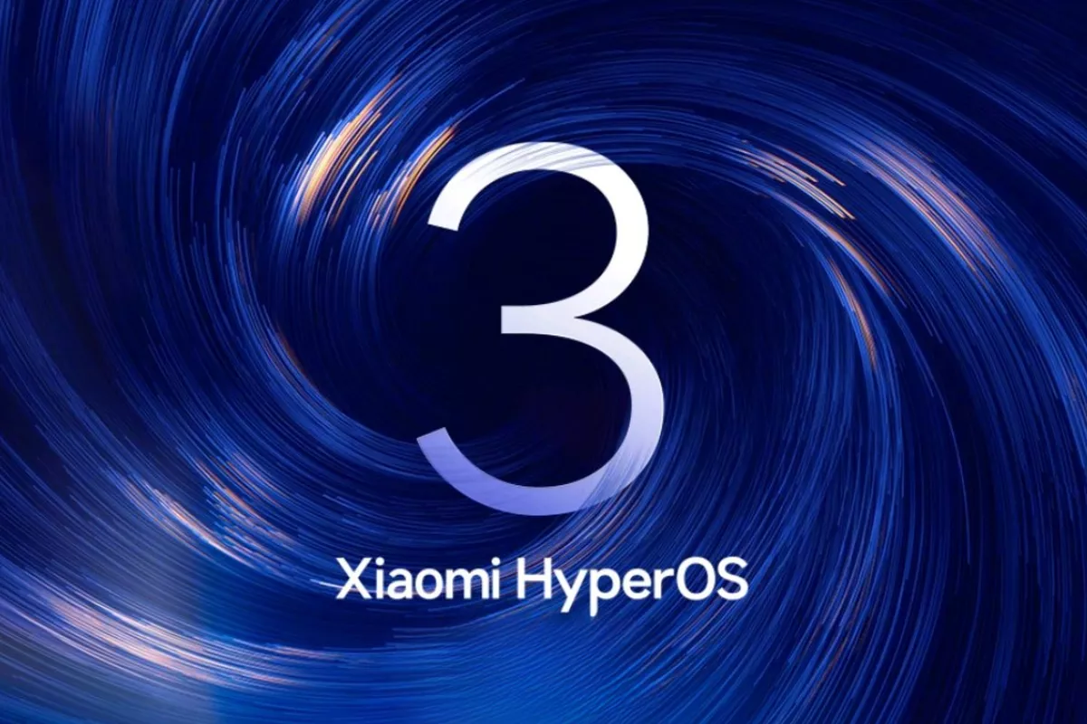 Logo angka 3 besar dengan tulisan Xiaomi HyperOS pada latar belakang pusaran cahaya biru futuristik.