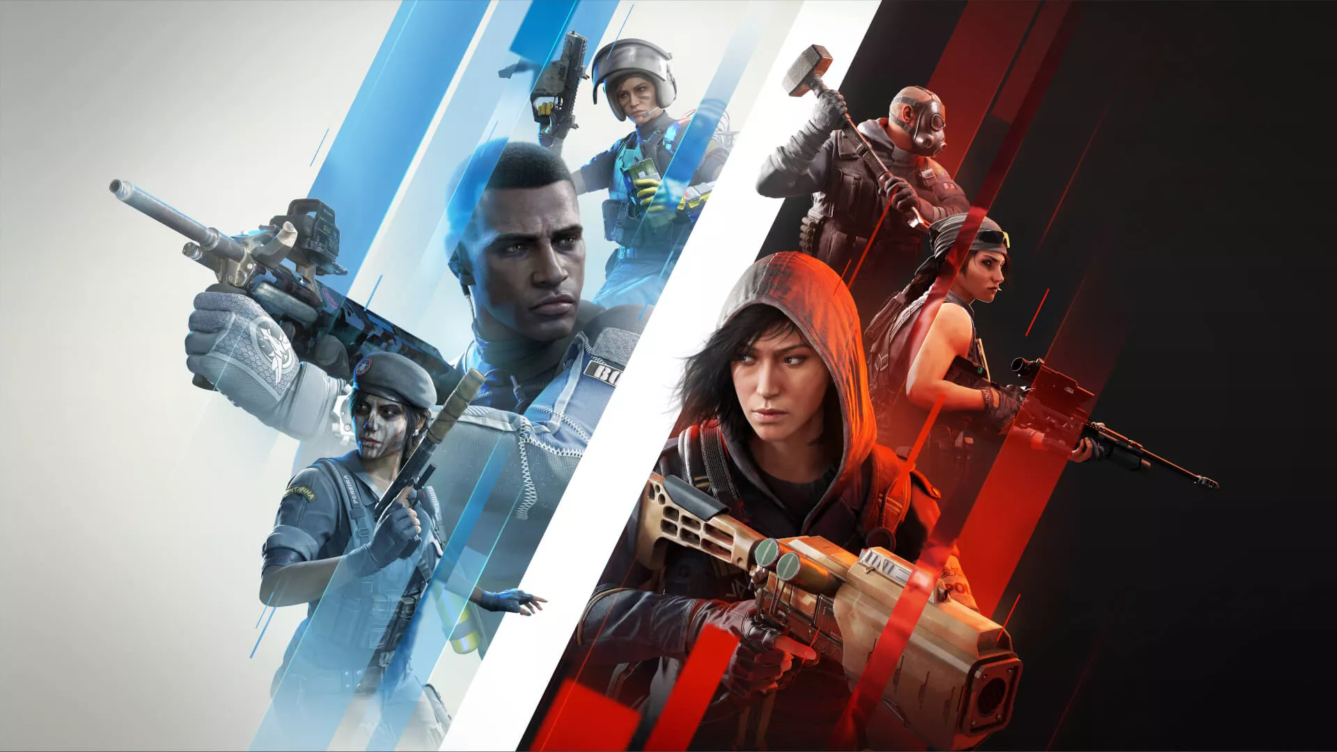 Berbagai operator Rainbow Six Siege bersenjata lengkap dalam latar belakang biru dan merah.