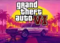 Logo resmi GTA 6 dengan latar belakang siluet pohon palem dan langit senja Vice City yang ikonik.