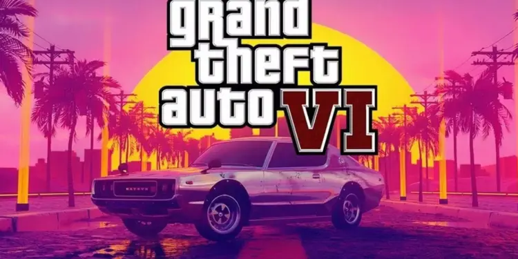 Logo resmi GTA 6 dengan latar belakang siluet pohon palem dan langit senja Vice City yang ikonik.
