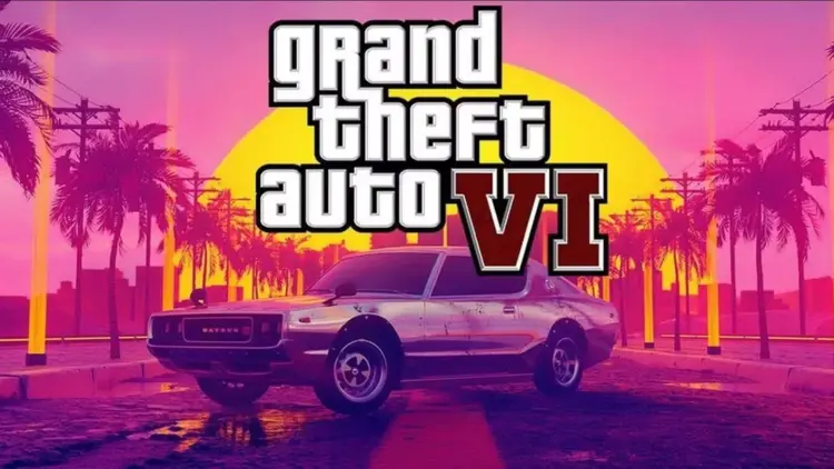 Logo resmi GTA 6 dengan latar belakang siluet pohon palem dan langit senja Vice City yang ikonik.