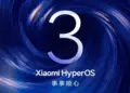 Logo resmi Xiaomi HyperOS 3 berwarna putih di tengah latar belakang pusaran biru, menyimbolkan pembaruan sistem operasi yang besar.