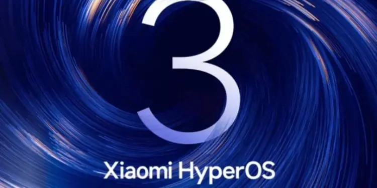 Logo resmi Xiaomi HyperOS 3 berwarna putih di tengah latar belakang pusaran biru, menyimbolkan pembaruan sistem operasi yang besar.